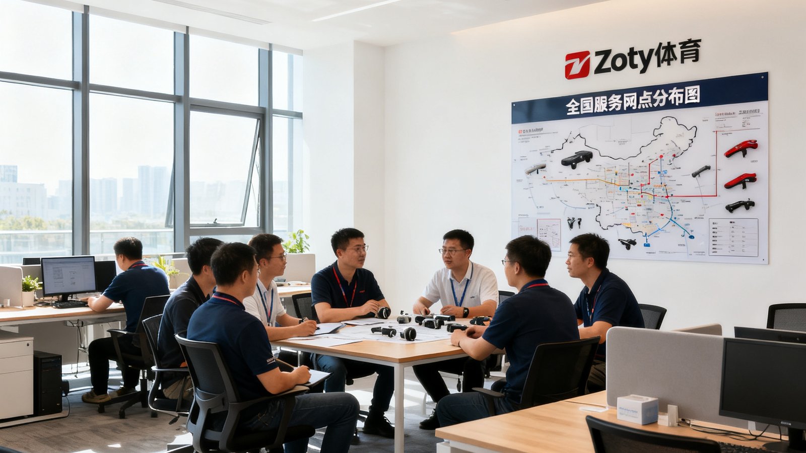 zoty体育上海总部开放式办公区实景，数十名工程师在讨论产品方案，墙上挂着全国服务网点分布图，自然光从落地窗洒入
