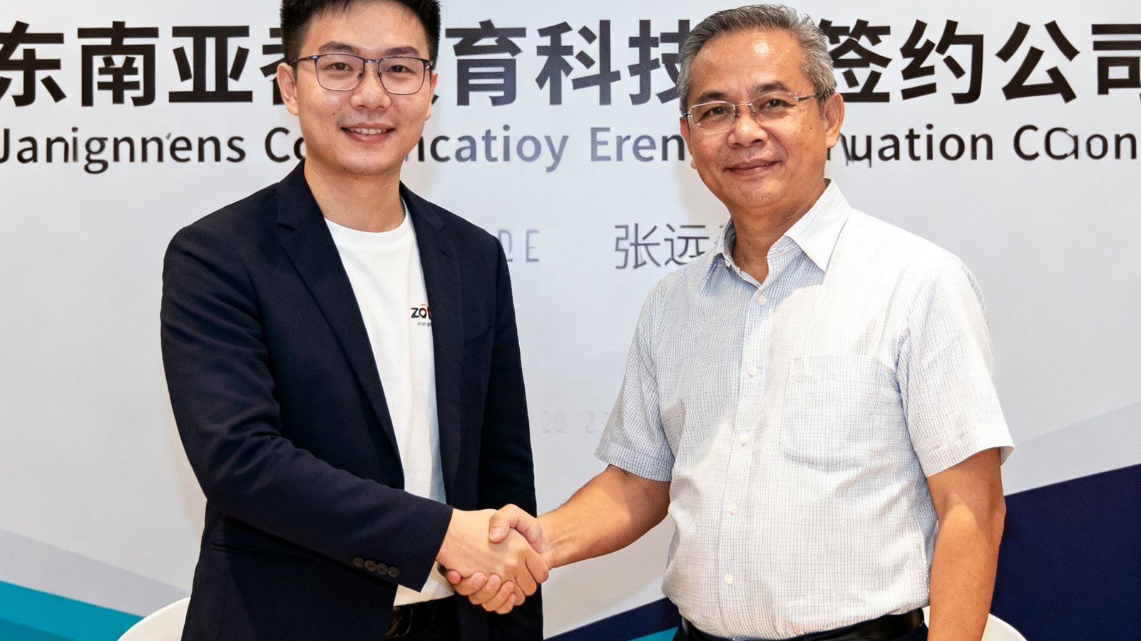 签约仪式现场照片，zoty体育CEO张远帆与东南亚教育科技公司代表握手，背景板上有双方公司标志