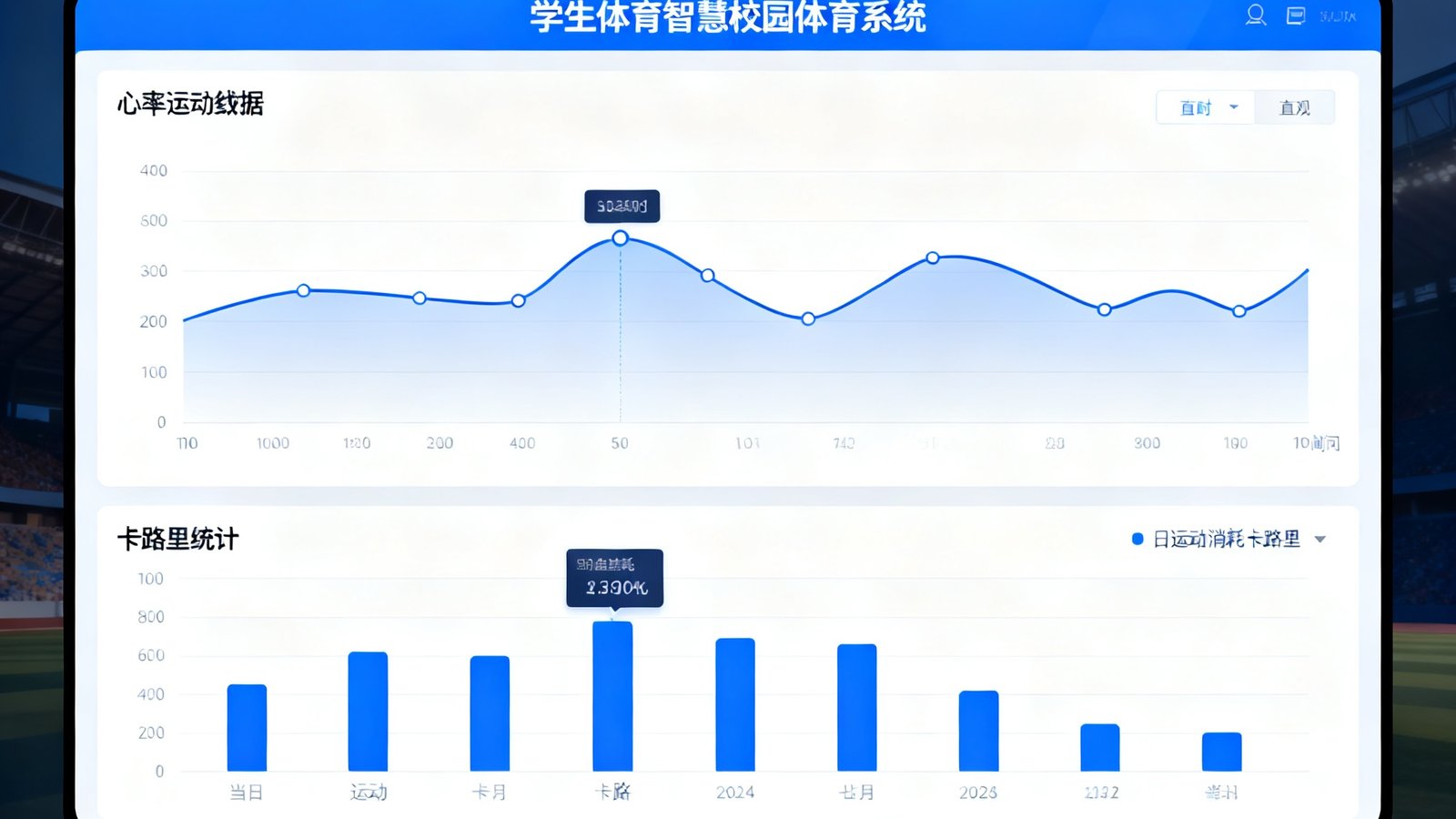 zoty体育智慧校园体育系统界面截图，展示学生运动数据仪表盘，包含心率曲线图和卡路里统计