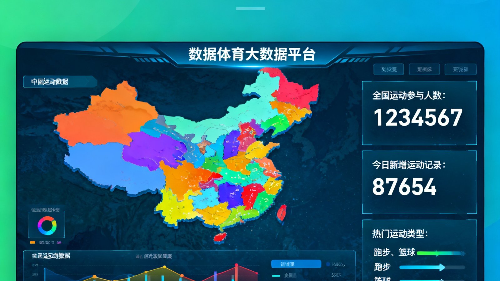 zoty体育大数据平台可视化大屏，展示全国运动数据热力图和实时统计数字
