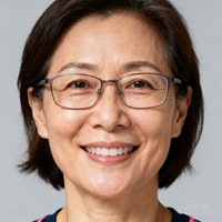一位戴眼镜的中年女体育教师微笑的证件照风格肖像，背景为浅灰色