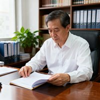 一位气质沉稳的中年男性教育局官员，身着白衬衫，在办公室中翻阅报告，表情专注
