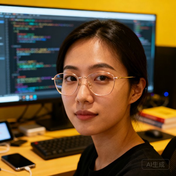 zoty体育算法总监陈晓莉的女性科技工作者肖像，戴着无框眼镜，背景是满屏代码的显示器，光线柔和