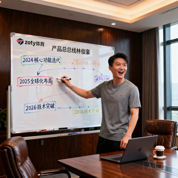 zoty体育产品副总裁林俊豪，穿着灰色T恤在会议室白板前讲解产品路线图，充满激情的表情